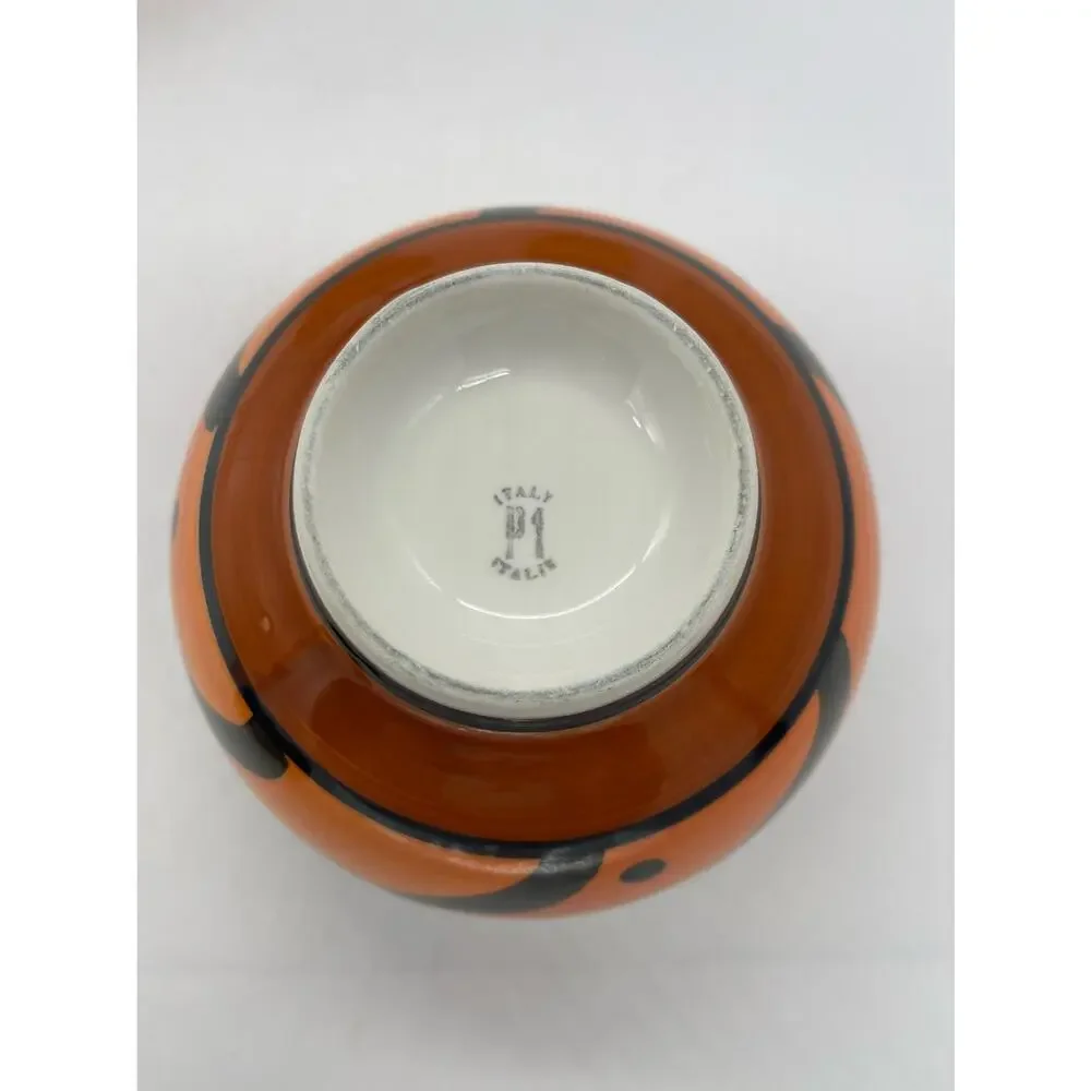 Pier 1 Hand Painted ITALY Orange & Black Dots Wavey Lines Set of 4 Cereal Bowls